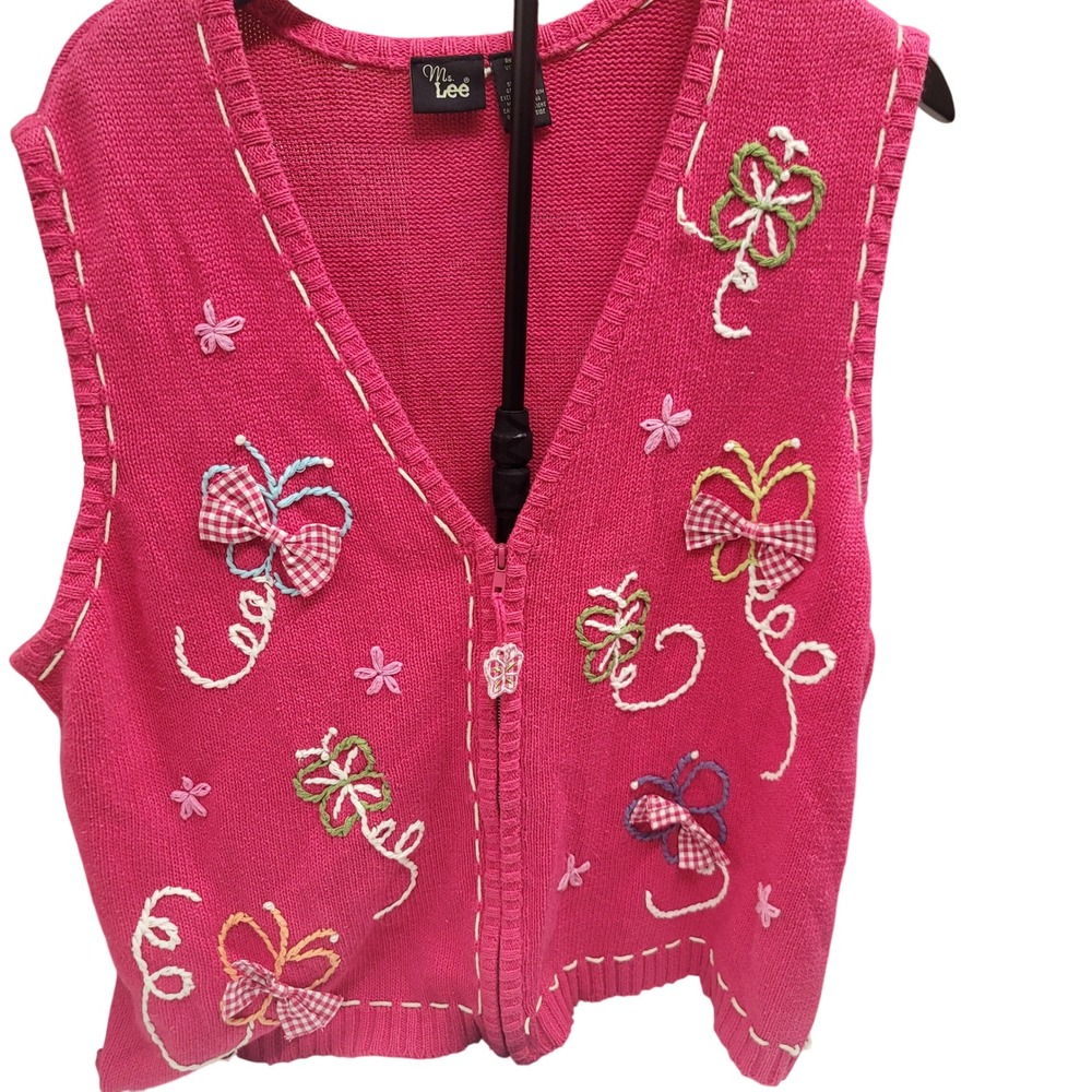 Ms Lee Hot Pink Ramie Cotton Embroidered Butterfly Floral Zip Vest Women XL